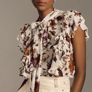Floral Ruffle Blouse - White and Brown